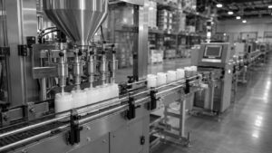 Automated filling system showing containers being filled with automated valves running on a conveyor