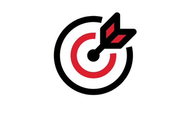Black, white and red target with arrow hitting center, representing accuracy