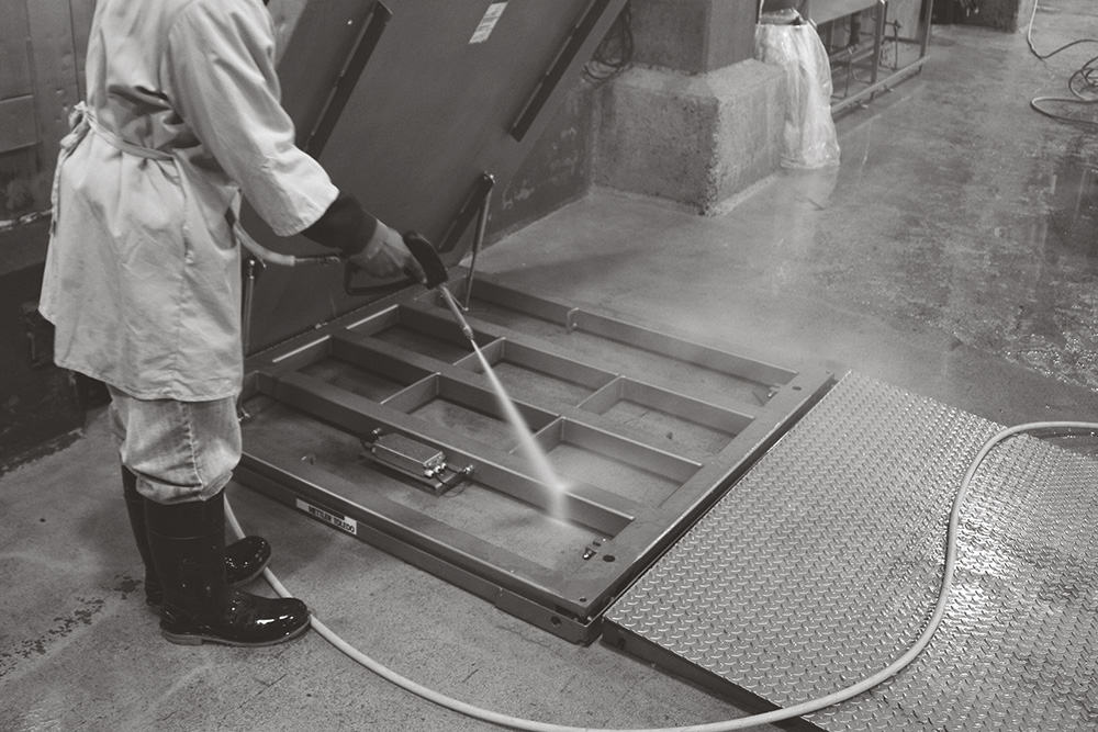 Floor scale being washed down in a food plant.