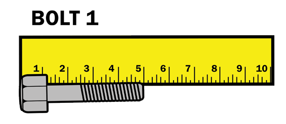 First bolt measured at the 5 cm mark on a ruler