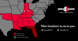 a black-and-red map graphic shows new system scale locations in louisville, kentucky, and evansville, indiana.