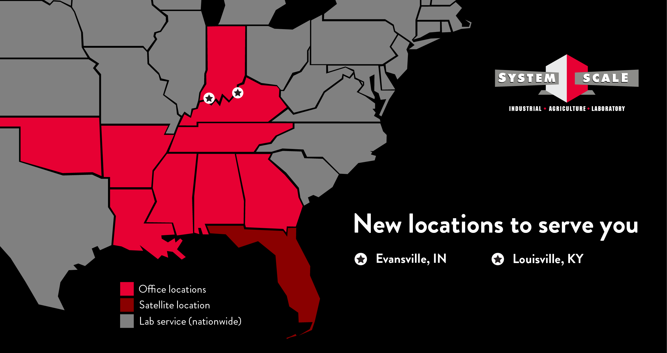 a black-and-red map graphic shows new system scale locations in louisville, kentucky, and evansville, indiana.
