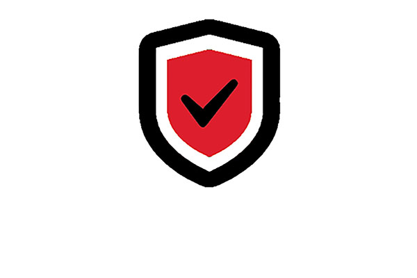 Black, white and red shield with black check mark in middle