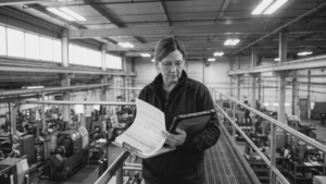 quality manager looks at certificates